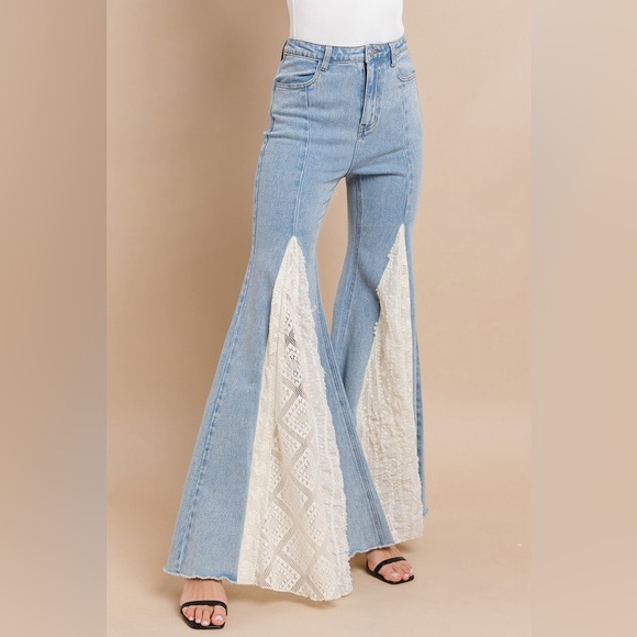 ✨ Boho Lace Flare Denim Pants | Western Festival Cowgirl Jeans – 34” Inseam - Picture 8 of 9